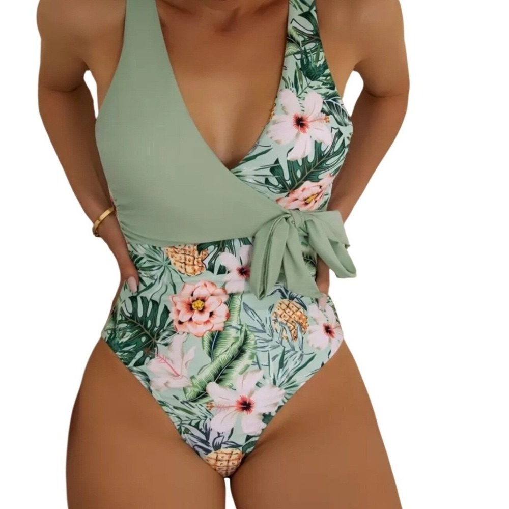 Tropical Floral Pineapple One Piece Swimsuit Sage Green Wrap Tie Large Boho Chic - Picture 9 of 11